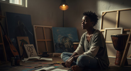 Young african female artist in studio surrounded by canvases and art suppliesの素材