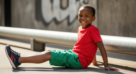 African child in colorful casual outfit smiling outdoorsの素材
