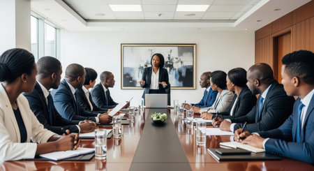 African female executive leading business meeting with diverse team in modern conference roomの素材