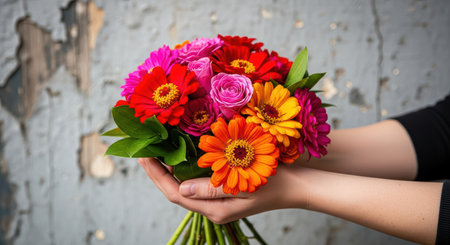 Vibrant bouquet of colorful flowers in hands against weathered backgroundの素材