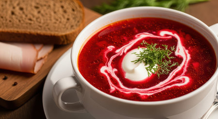 Delicious borscht soup with sour cream and dill garnishの素材