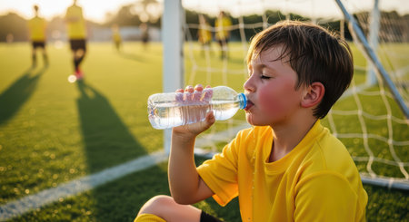 Young caucasian boy hydrates during soccer practice on sunny fieldの素材