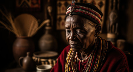 Elderly african female in traditional attire with beaded accessories in cultural settingの素材