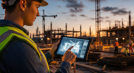 Male engineer reviewing building plans on tablet at construction site during sunsetの素材