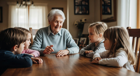 Elderly caucasian woman sharing stories with young children around a tableの素材