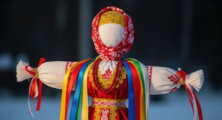 Traditional slavic doll with colorful ribbons and embroidery on snowy backgroundの素材