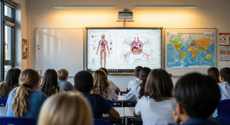 Diverse classroom learning human anatomy with interactive displayの素材