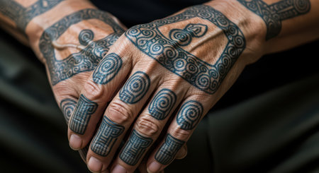 Intricate hand tattoos on mature male with geometric tribal designsの素材