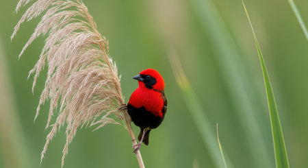 Vibrant red and black bird perched on tall grass in natural habitatの素材