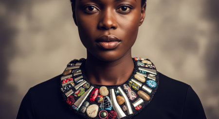 African female adult wearing artistic handmade beaded necklaceの素材
