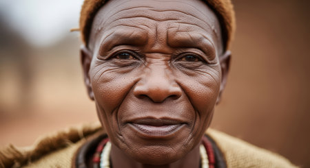 Elderly african male with traditional clothing and warm expression outdoorsの素材