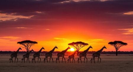 Majestic giraffes silhouetted against vibrant african sunsetの素材