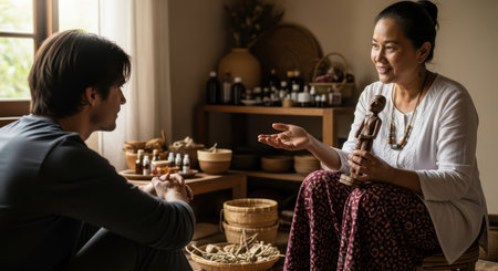 Asian female herbalist sharing traditional remedies with young caucasian male clientの素材
