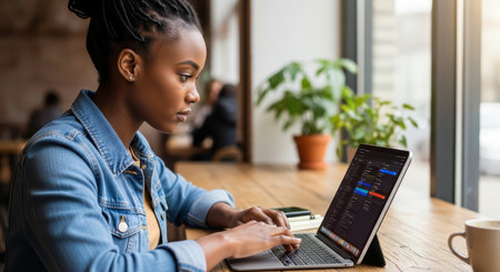 Young african female working on laptop in modern office environmentの素材