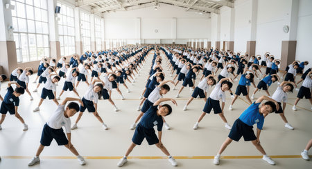Large group of asian children engaging in physical exercise in a gymnasiumの素材