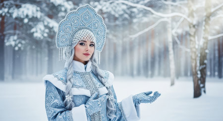 Caucasian female in traditional winter attire amid snowy forest sceneの素材