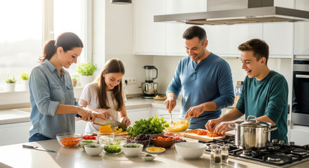 Happy caucasian family cooking together in modern kitchenの素材