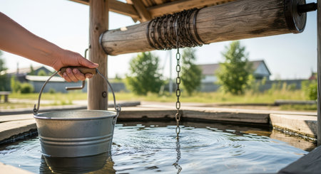 Caucasian hand drawing water from wooden well with metal bucketの素材