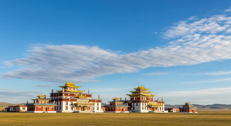 Buddhist temple complex in a vast grassland setting under a clear blue skyの素材