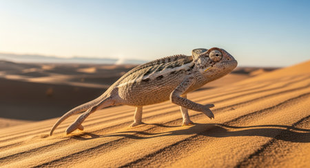 Desert chameleon crawling on sandy dunes under bright sunlightの素材