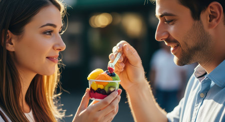 Young caucasian couple enjoying colorful gelato together on sunny dayの素材