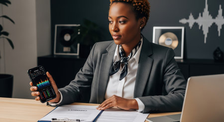 African female professional analyzing mobile financial data at office deskの素材