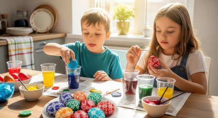 Caucasian kids decorating easter eggs with paints in sunlit kitchenの素材