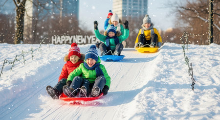 Children sledding down snowy hill in winter park celebrationの素材