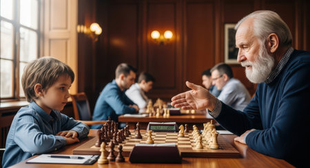 Elderly caucasian male mentoring young male in chess game in wood-paneled roomの素材