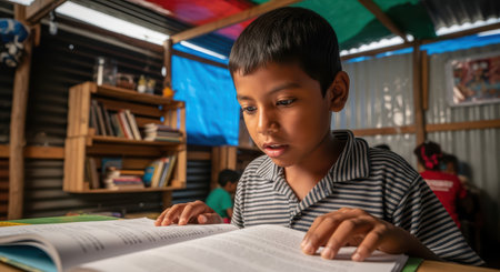 Asian young boy reading in colorful classroom settingの素材