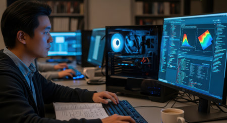 Young asian male programmer analyzing data visualization on computer screens in modern officeの素材