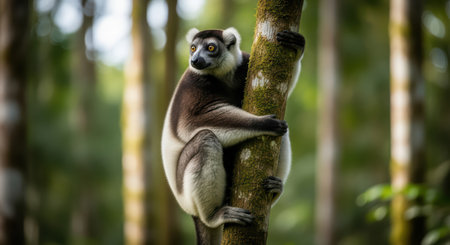 Lemur climbing tree in lush green forest environmentの素材