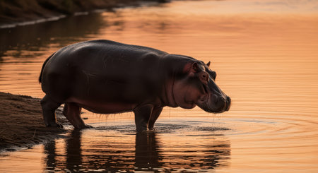 Hippo standing in river at sunset amid serene nature sceneryの素材