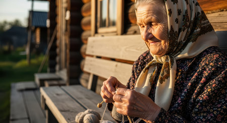 Elderly caucasian woman knitting outdoors in sunlightの素材