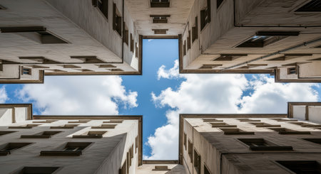 Symmetrical urban architecture with open sky and cloudsの素材