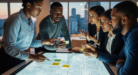 Diverse team collaborating in office around interactive table with business plansの素材