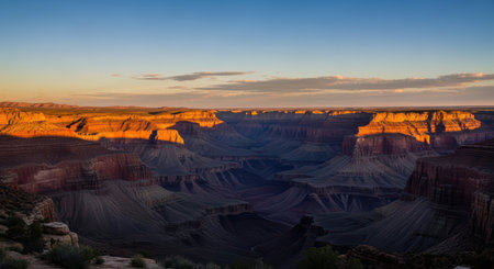 Vibrant sunset over majestic grand canyon landscape with distant shadows and rugged cliffsの素材