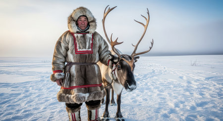 Elderly caucasian male in fur coat with reindeer on arctic snowy landscapeの素材