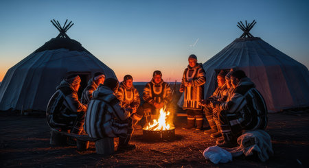 Caucasian adults in traditional attire gathered around campfire in tundra at duskの素材