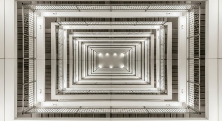 Symmetrical perspective of modern building interior ceiling with geometric patternsの素材