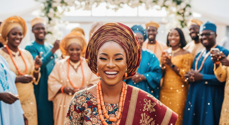 Joyful african wedding celebration with smiling female in traditional attire surrounded by diverse guestsの素材