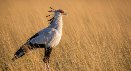 Secretary bird in golden grassland at sunsetの素材
