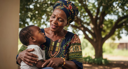 Elderly african female embracing young child outdoors in traditional attireの素材