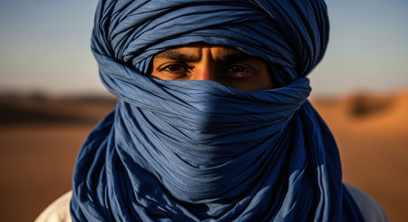 Portrait of a young male in blue turban in desert settingの素材