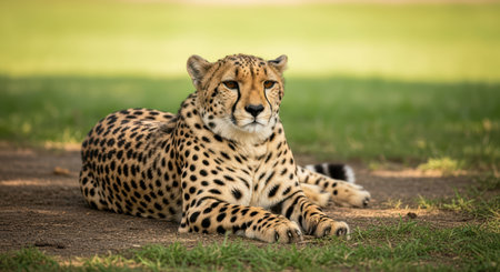 Resting cheetah on grass in natural habitat under sunlightの素材