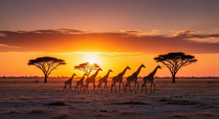 Safari adventure: giraffes at sunrise in african savannahの素材