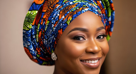 Smiling african female in colorful headwrap, young adult beauty portraitの素材