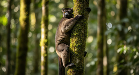 Lemur climbing mossy tree in dense forest environmentの素材