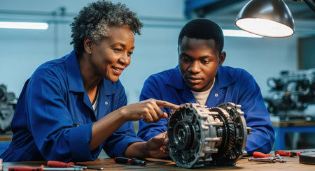 African male and female mechanics analyzing gearbox assembly in workshopの素材