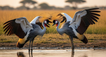 Two african grey crowned cranes displaying courtship ritual near waterの素材